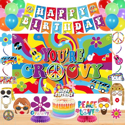 Image of Crenics 60s Theme Party Decorations - Retro Groovy Backdrop, Banner, Hanging Swirls, Centerpieces, Photo Props, Balloons and Cake Topper for 1960s Hippie Birthday Party Supplies