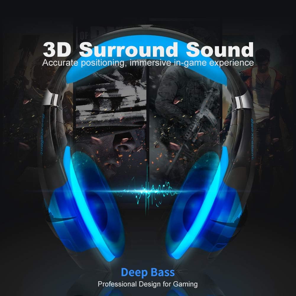 Selieve Gaming Headset for Xbox One, PS4, Nintendo Switch, PC, with Noise Cancelling Mic, LED Light Bass Surround Soft Memory Earmuffs for Fortnite/Red Dead Redemption 2 (Black & Blue)