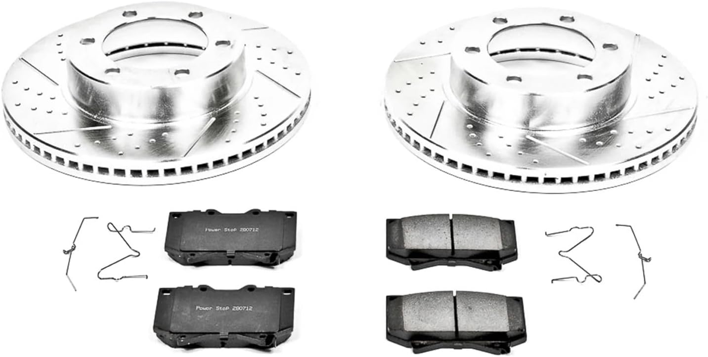 PowerStop Front Brake Kit For Toyota Sequoia 2001-02 | Toyota Tundra 2000-02 - Drilled and Slotted Disc Rotors with Ceramic Brake Pads Replacement, K2323