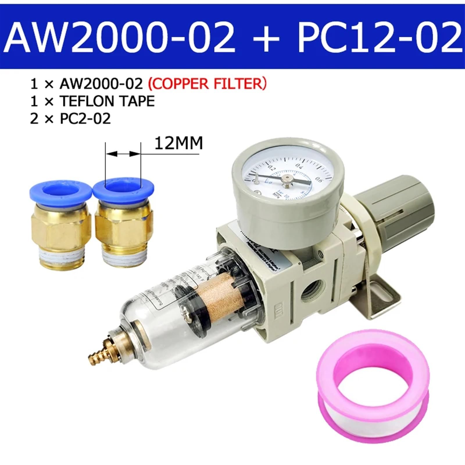 AW2000-02 sprężarka pneumatyczna, filtr powietrza, filtr oczyszczania powietrza, manometr, separator oleju z przyłączem (Aw2000-02 C PC12-02), 1 sztuka