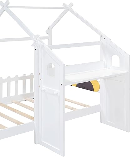 Miniatura 196 de Cama de casa de tamaño individual con 2 cajones, marco de cama de madera y barandilla de seguridad. Ahorra espacio, ideal para el dormitorio de un