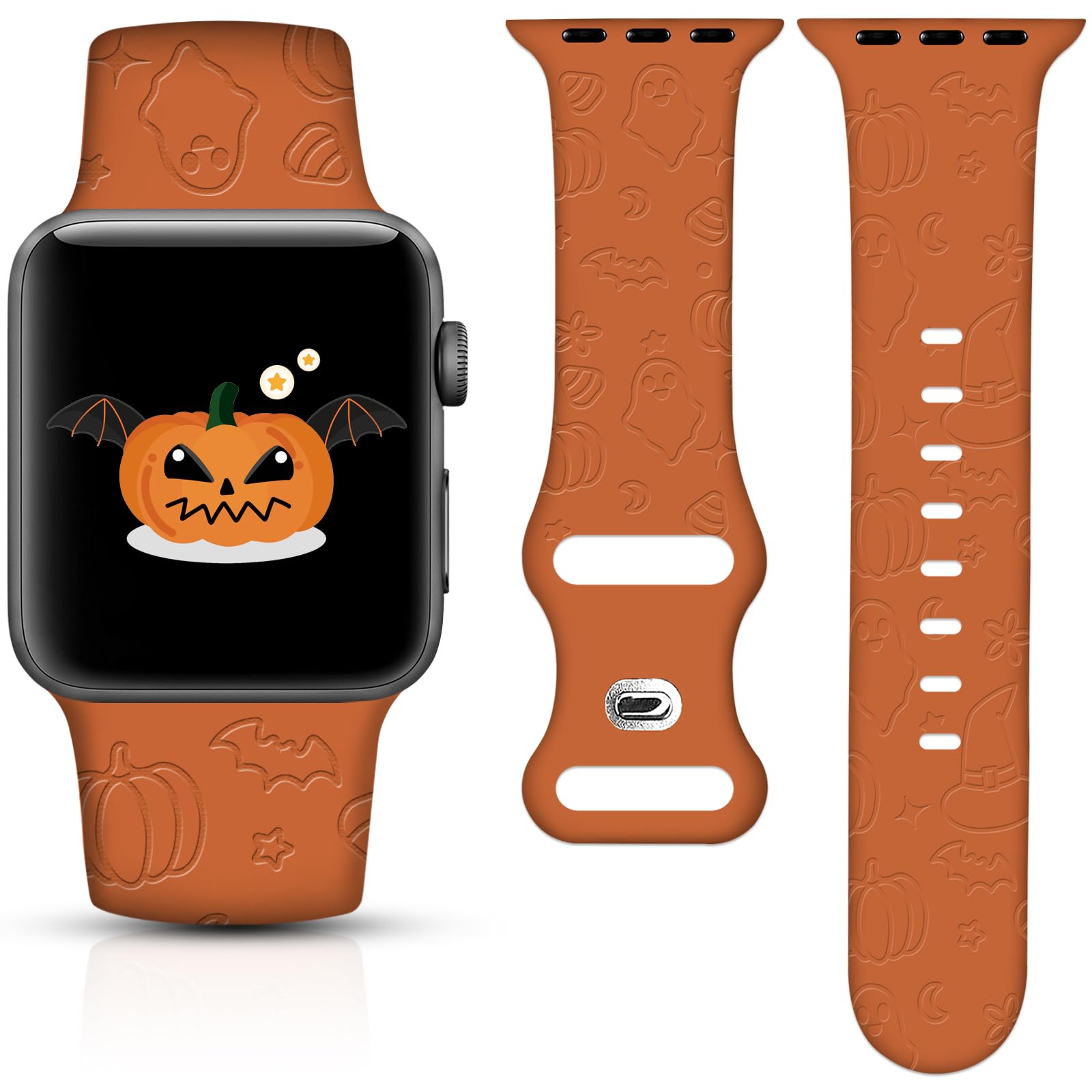 Christmas Halloween Engraved Watch Band Compatible with Apple Watch Band 38mm 40mm 41mm 42mm 44mm 45mm 49mm for Women, Bat Ghost Replacement Strap for iWatch Series Ultra SE 9 8 7 6 5 4 3 2 1