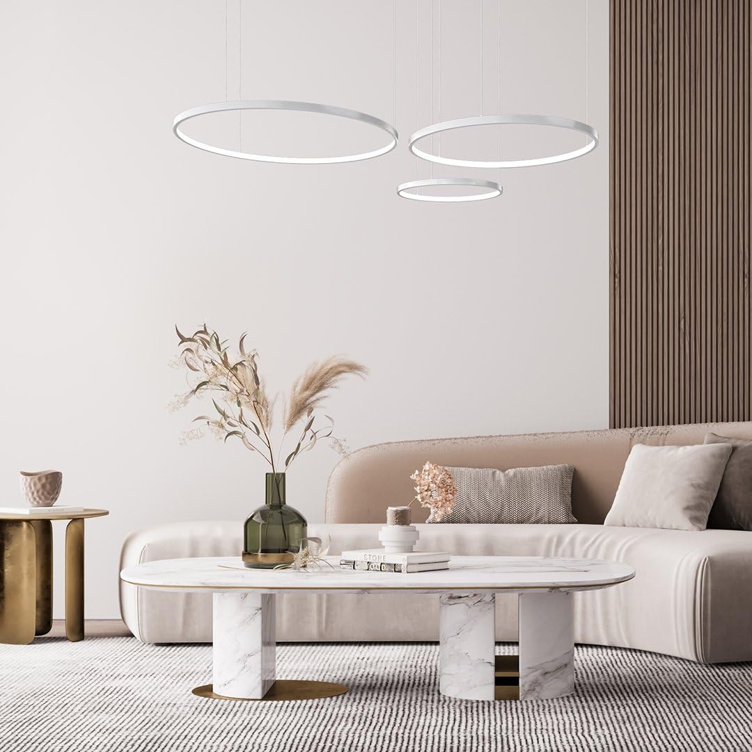 NEONA CAECILIA LED Pendelleuchte dimmbar mit Fernbedienung – 3-Ring Hängeleuchte warmweiß bis kaltweiß, Memory-Funktion, Aluminium, Ø 70/55/40 cm, höhenverstellbar, 3 Jahre Garantie (Weiß)