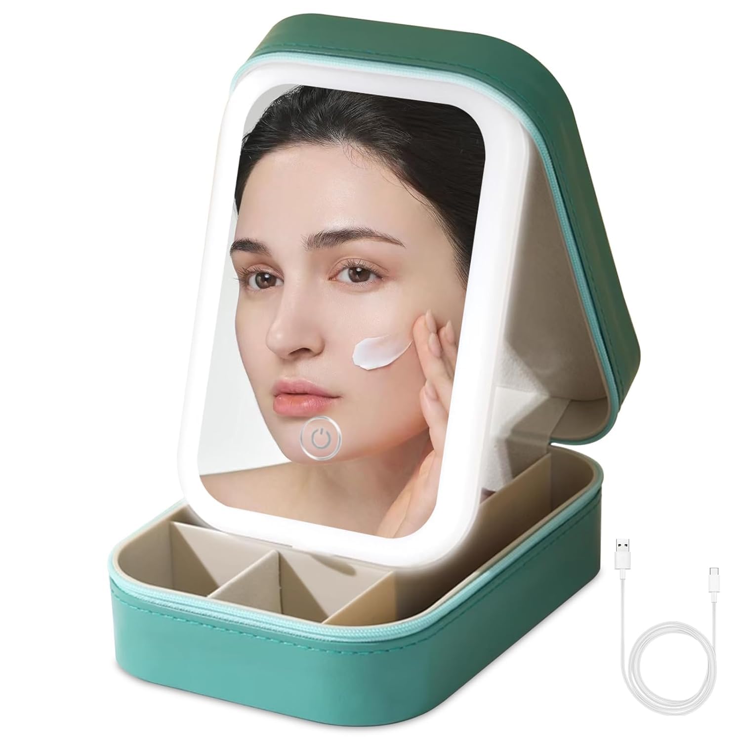 Travel Portable LED Makeup Mirror Case with 3 Adjustable Color Light Settings, Dust-Proof Jewelry Case, Cosmetic Organizer and Multi-Compartment Storage Box for Women (Color- Green)-image-44