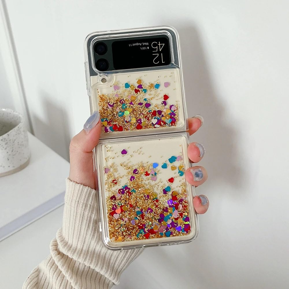 Funda de Lujo con Purpurina y Arena movediza para Samsung Galaxy Z Flip 6, 5, 4, 3, Z Flip 6, con Degradado y corazón Brillante, Dorada, para Samsung Z Flip 5