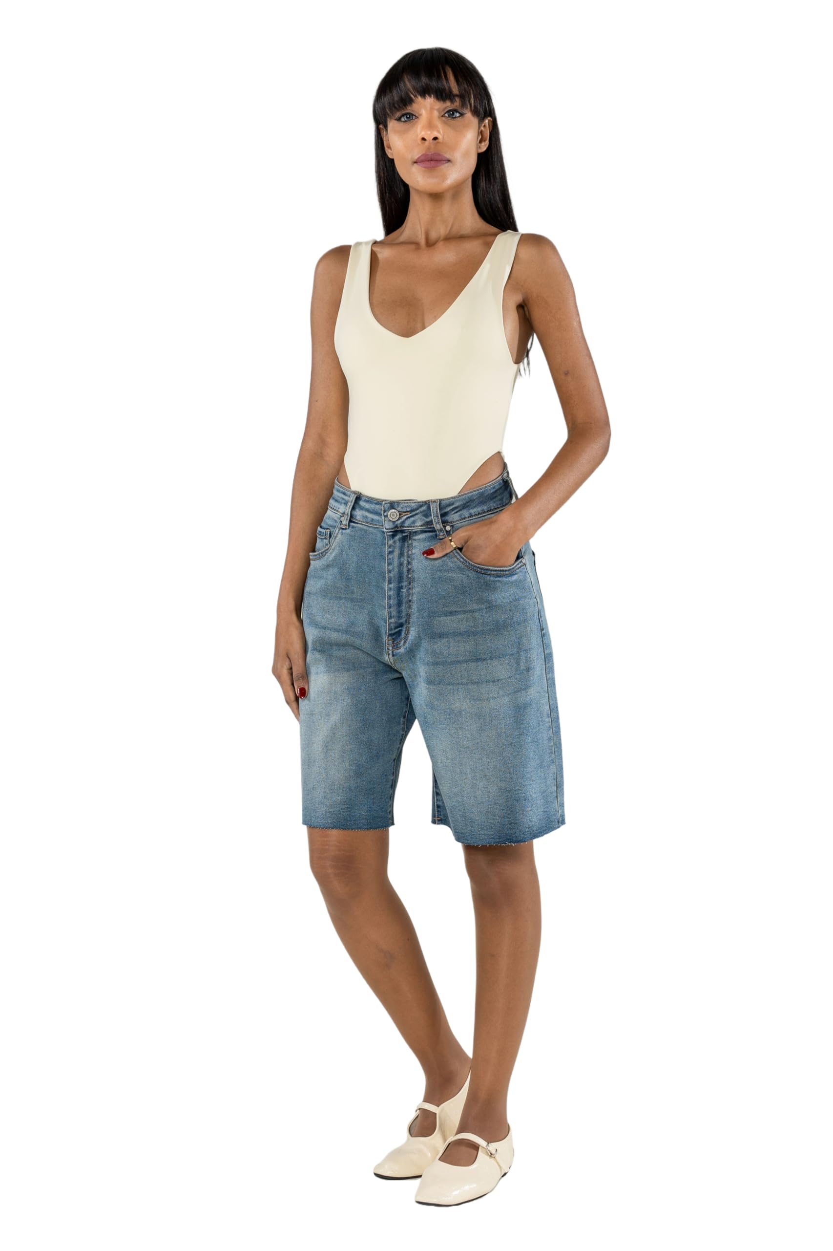 Nina Carter Short en jean pour femme P619 – Bermuda long en denim, coupe ample, ourlet effiloché, short d'été en jean stretch pour femme