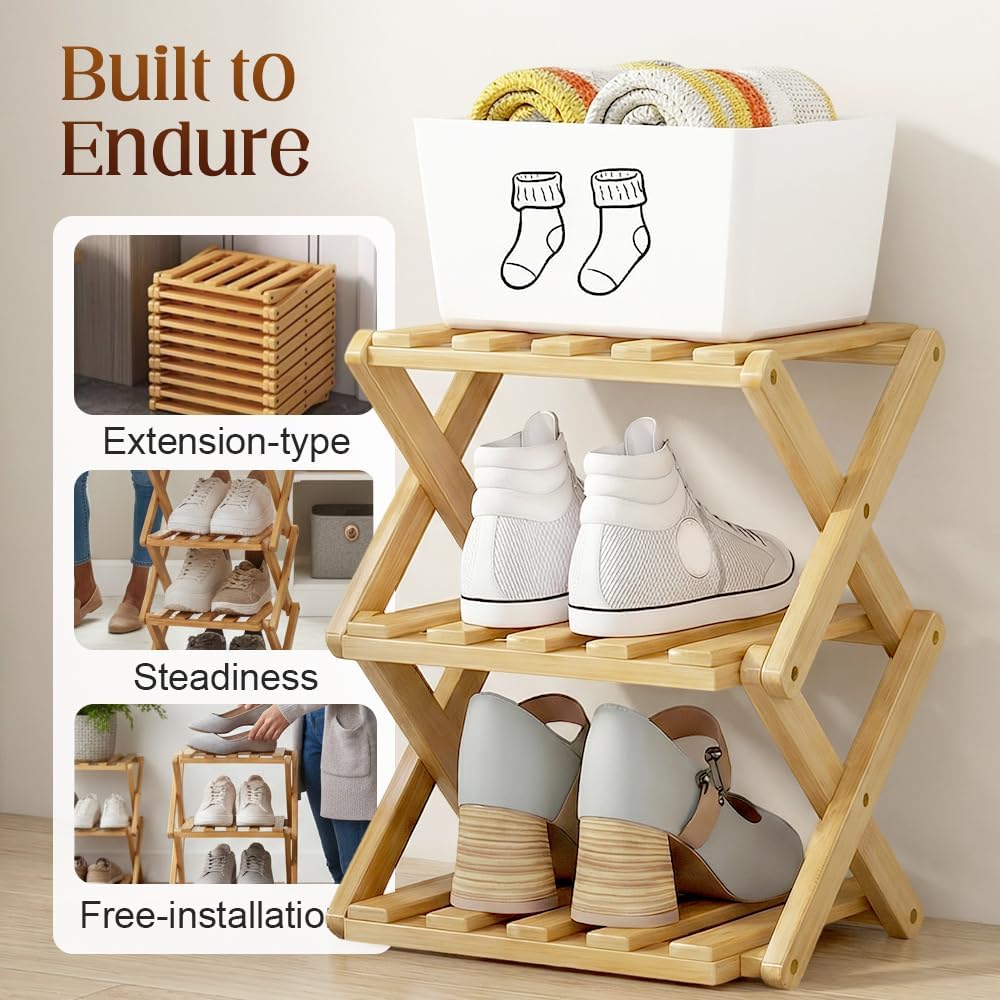 The 6-Tier No-Assembly Bamboo Rack, 2026 New Foldable Shoe Shelf, Durable Multi-Tier Shoe Rack for Entryway, Compact Bamboo Shoe Organizer for Home (Yellow, 6 Layers)