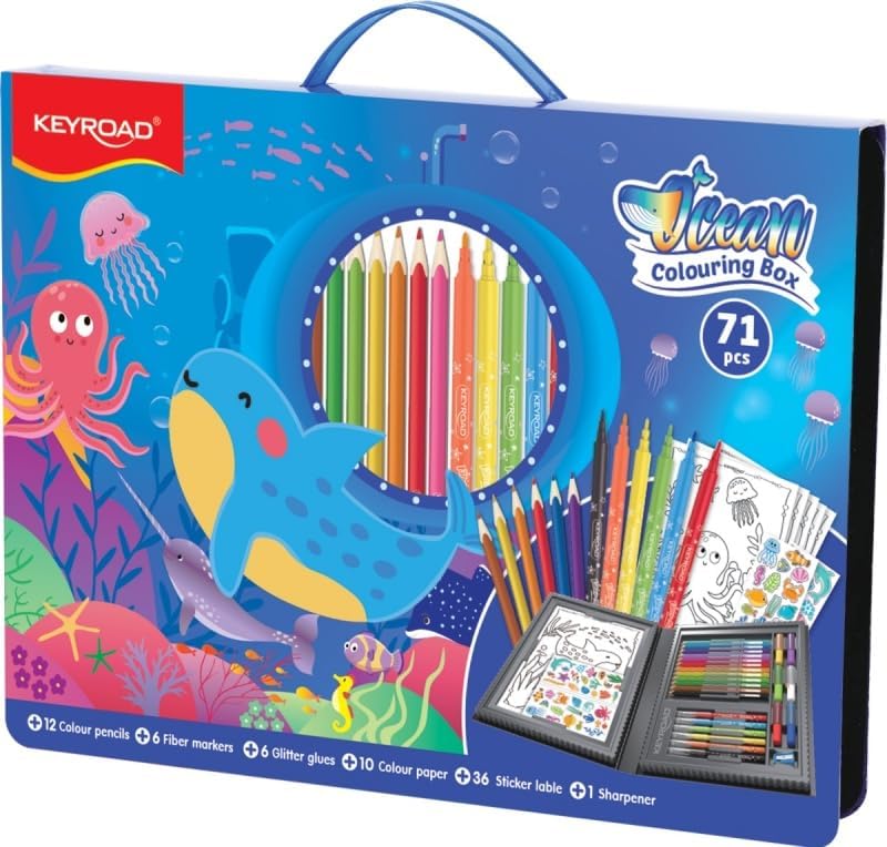 KEYROAD Ocean Art Set for Children / 65 Pieces / 1 Set/Colouring Pencils, Felt Tip Pens, Glitter Glue, Colouring Books, Stickers, Sharpener/Pattern: Butterfly/For Nursery, School/Painting