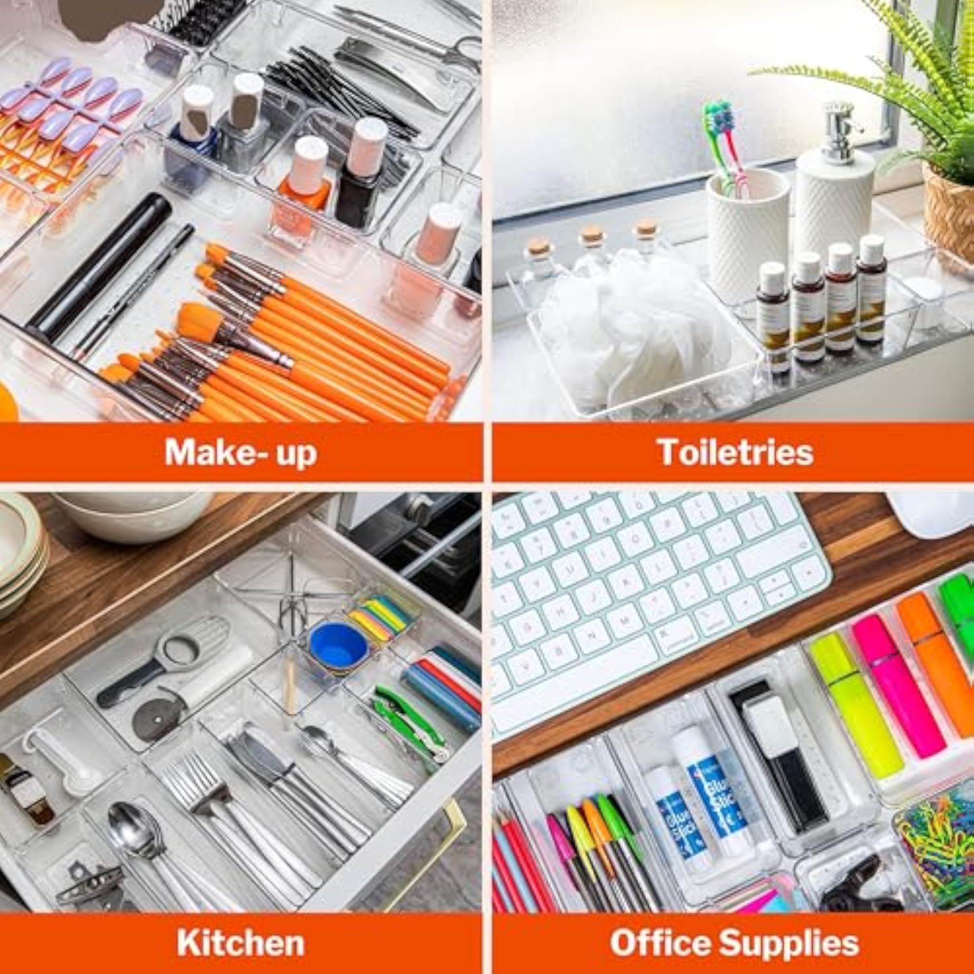 Drawer Organizer Set, Clear Cosmetics Container Tray