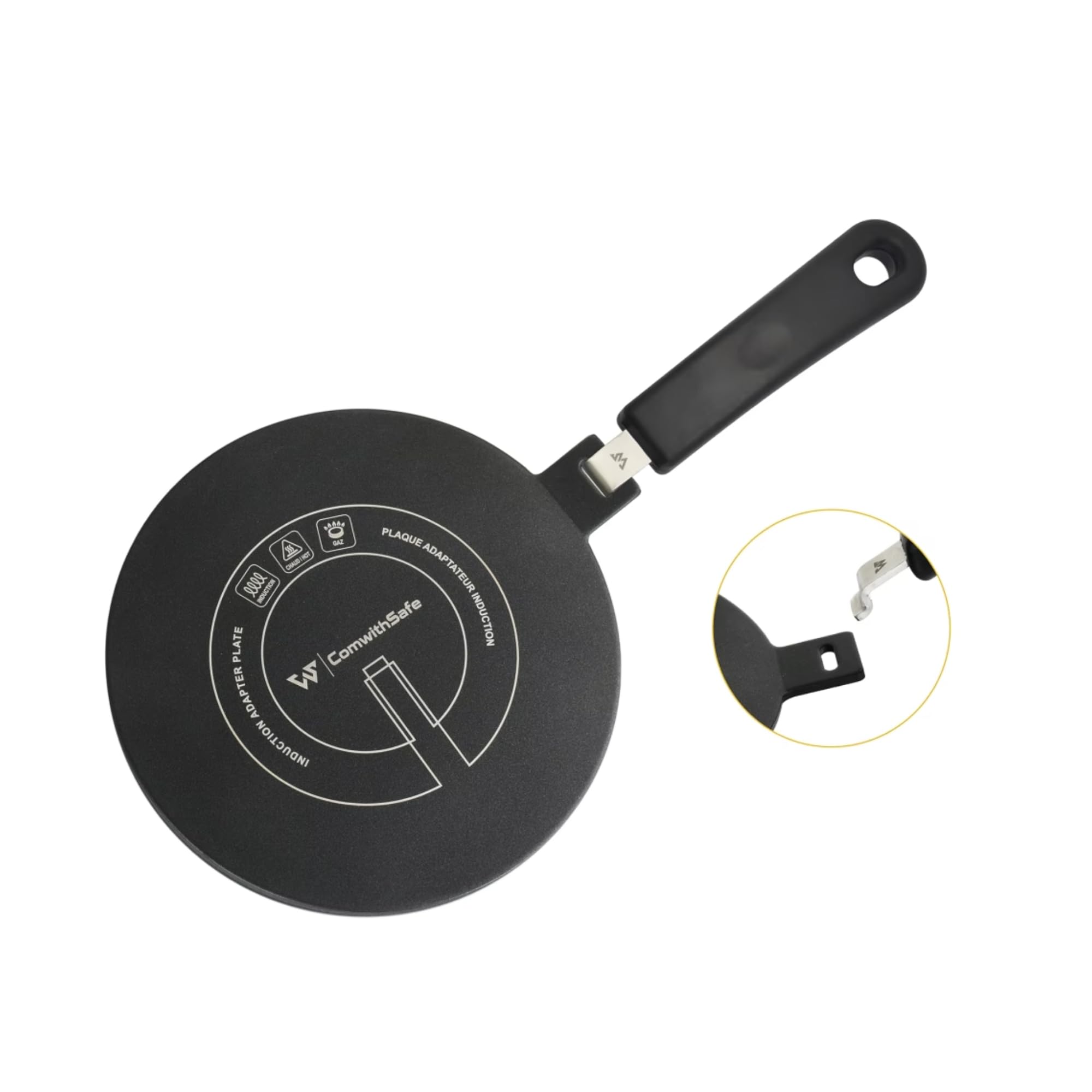 ComwithSafe 20cm induction adapter, removable insulation handle, does not change color after use, heat distribution plate with black high temperature coating, induction/gas disc