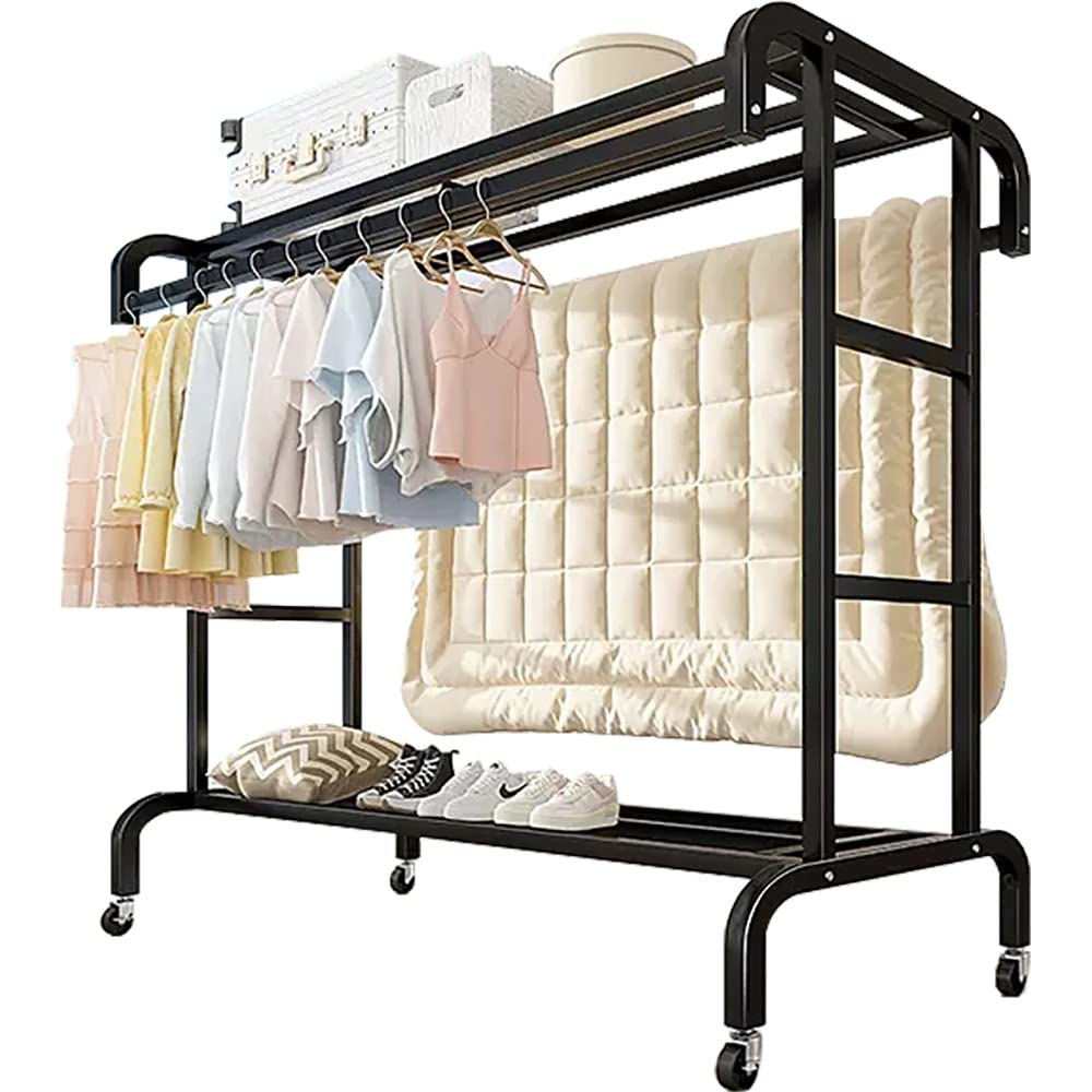Aycdl D Freestanding Garment Rack With Wheels, Ouble Rail An Storage Shelf For Hanging Clothes, Multifunctional Esign,-100 * 50 * 150Cm