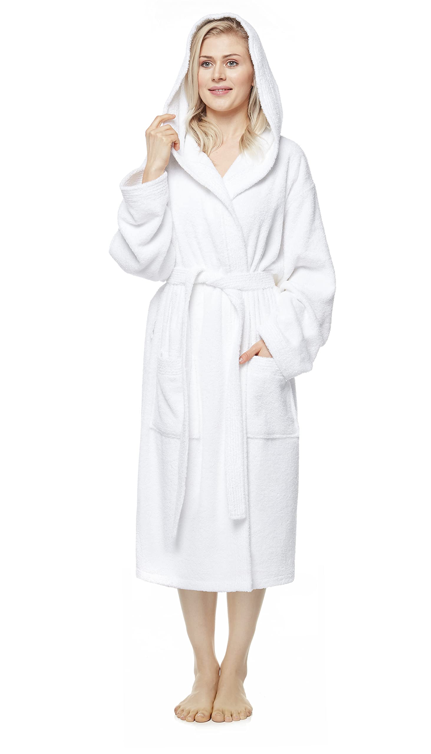 Arus Women's White Bathrobe With Hood, Calf-Length, 100% Cotton Terry, L-Xl