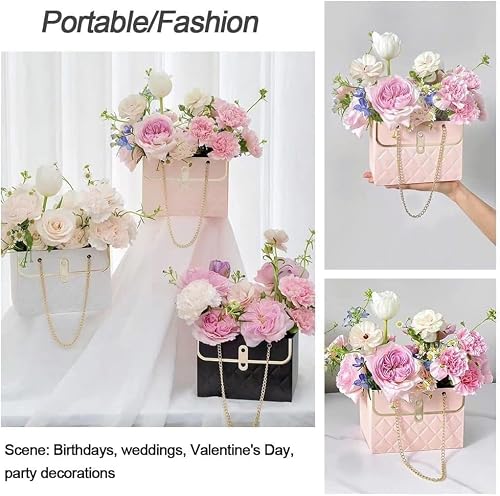 8PCS Flower Paper Gift Bag, Bouquet Storage Bucket Florist Handbag with Metal Chain, Gift Craft Wrap Bag for Wedding Party Valentine\'s Day Birthday Mother\'s Day Bridal Shower Gift Wrap Bags (Pink White)