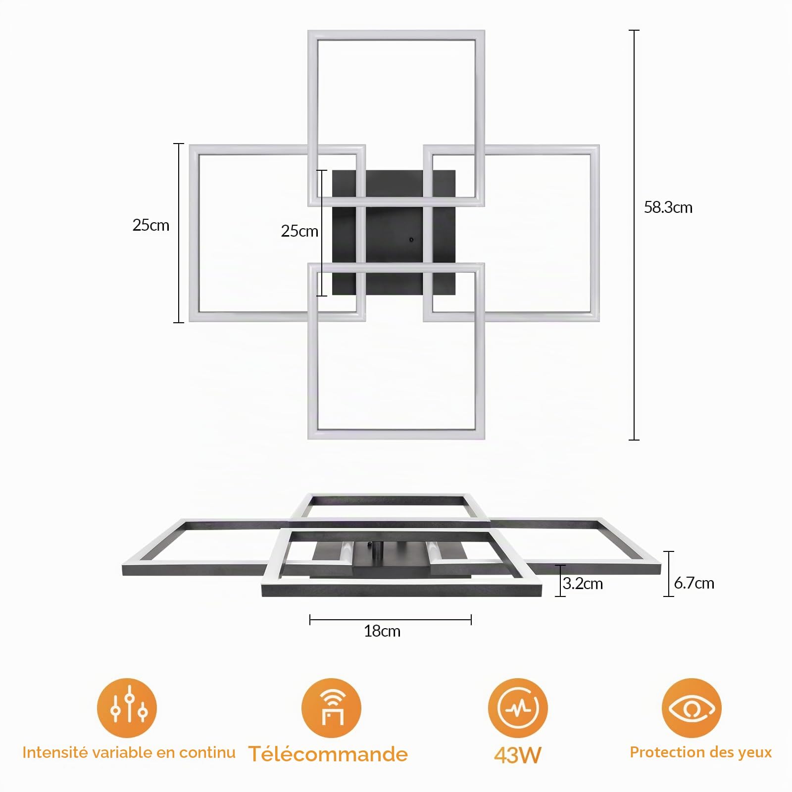 Homefire Plafonnier LED, 43W 6200lm Moderne Lampe de Plafond 3000K-6500K,