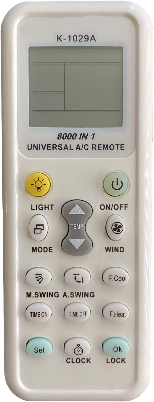 Davanti view of the Young K-1029A Universal A/C Remote Control, showing its LCD screen and various buttons.