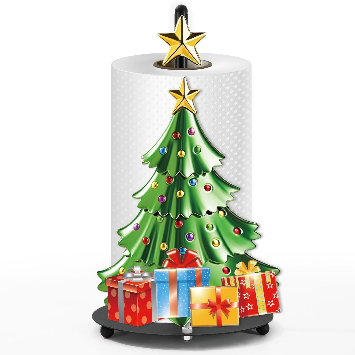 Whaline Christmas Paper Towel Holder 3D Xmas Tree Gift Box Star Kitchen Decor Accessories Large Metal Towel Holder Stand for Home Party Bathroom Countertop Christmas Tree