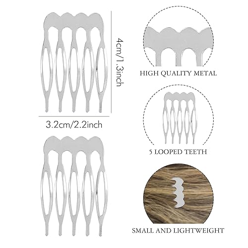 Miniatura 3 de Lawie Paquete de 20 peines pequeños de metal plateado para el cabello, 5 dientes, pequeños y pequeños, para manualidades, manualidades, bricolaje,