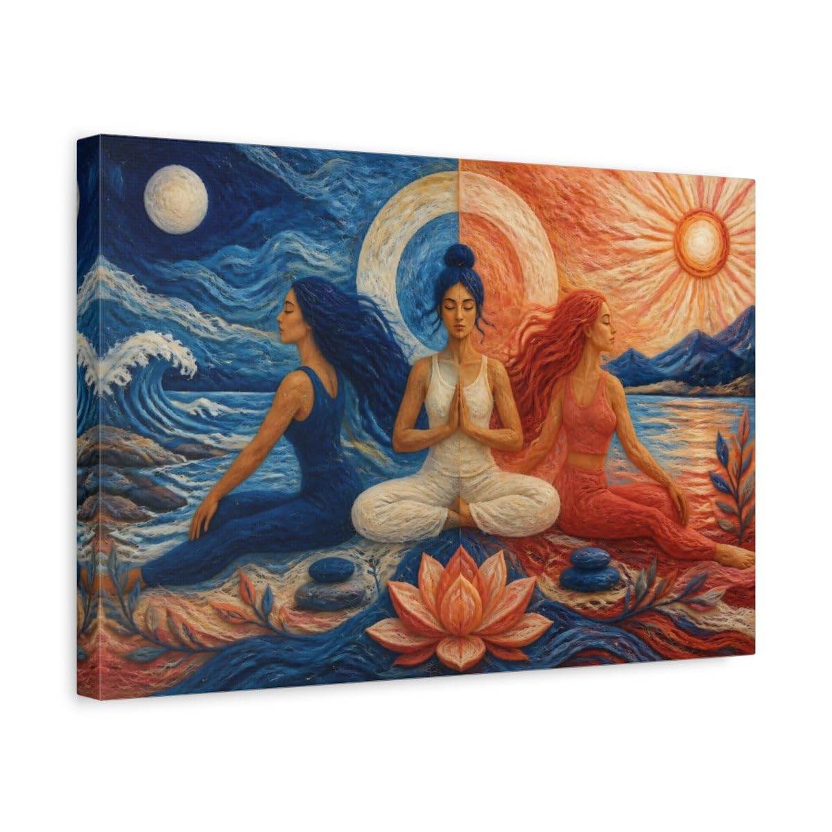 Joga medytacja kobiety druk na płótnie - studio, ściana funkcji, kobalt i koral 18 × 12 cali (45 × 30 cm) - poziomy/1,25 cala (3 cm)
