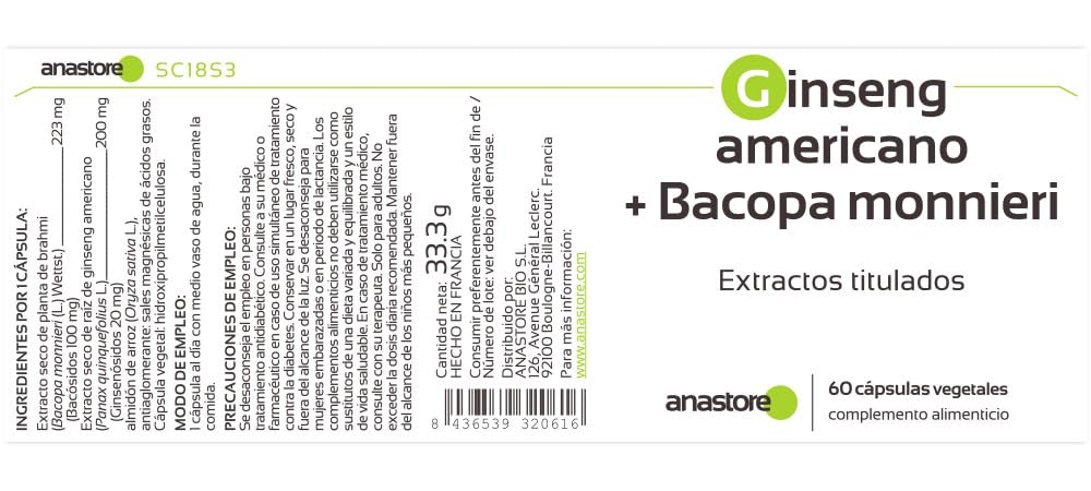 Ginseng (Cereboost™) + Bacopa monnieri * 423 mg/60 g Kapseln * Gedächtnis, Stress, kognitive Fähigkeiten, Konzentration * Verbessert die kognitive Leistung