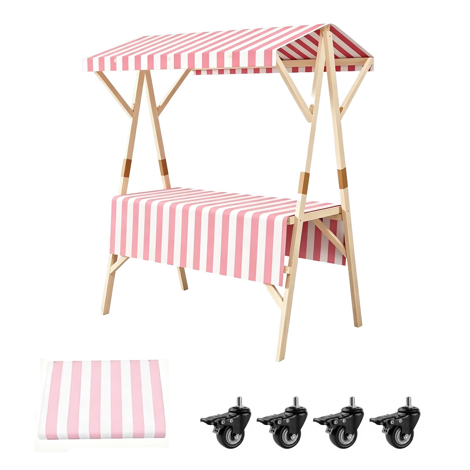 CMYAOYC Portable Food Cart with Striped Canopy, Foldable Farmers Market Stall Cart with Wheels, Wooden Concession Stand, Mobile Buffet Table(Pink,150cm)