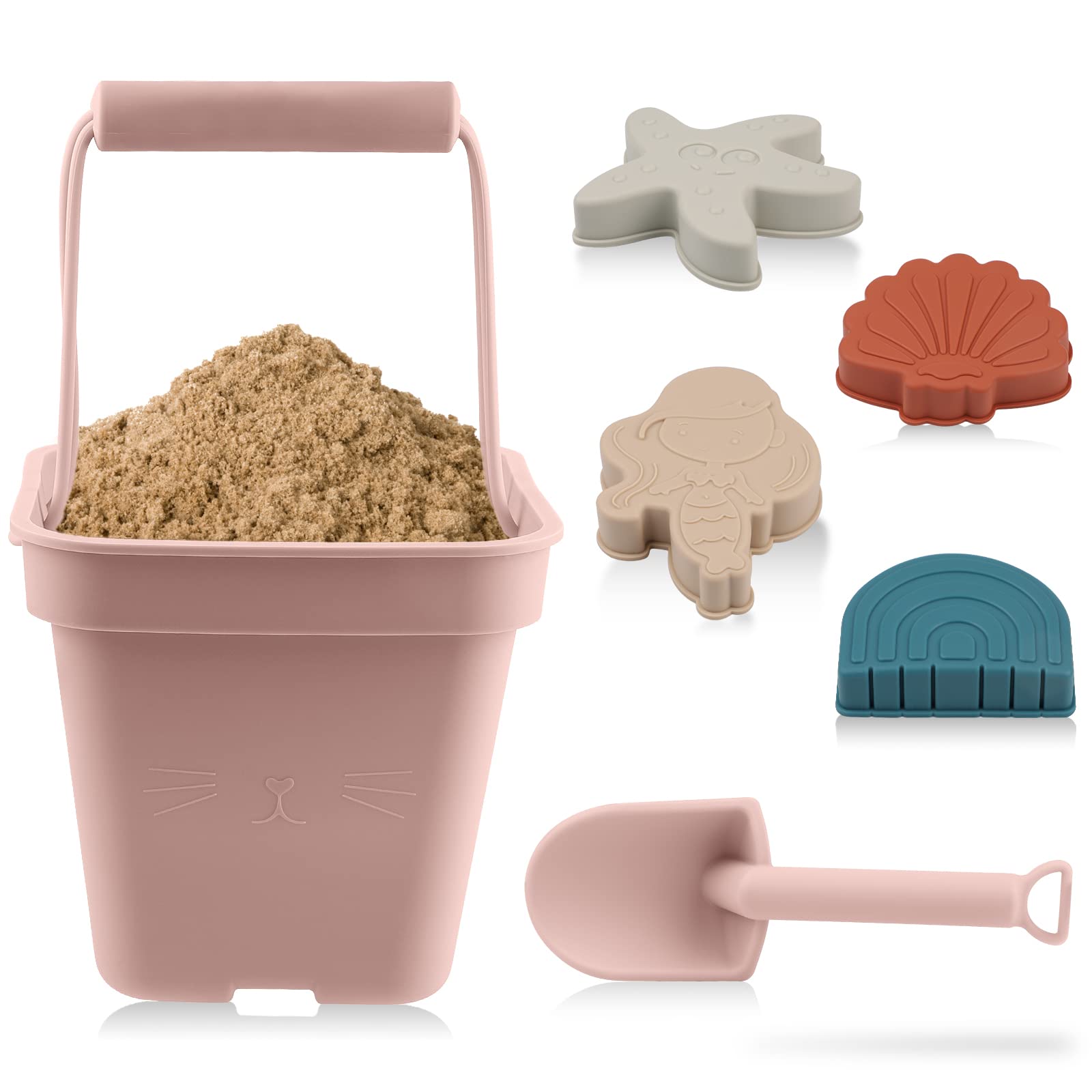 SWAWIS Juego de Juguetes de Playa de 6 Piezas,Juguetes de Playa de Silicona,Juego de Juguetes de Arena para Bebés,Incluye Cubo de Silicona, Modelos de Dibujos Animados, Pala de Arena,Rosa