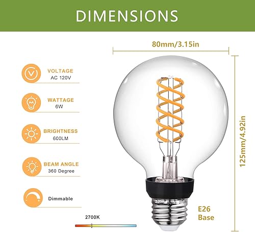Miniatura 2 de Bombillas LED G25 (G80) de 6 W, blanco cálido 2700 K, 6 W equivalente a 60 W, base E26 de 600 lm regulable con 80+ CRI, bombillas transparentes de