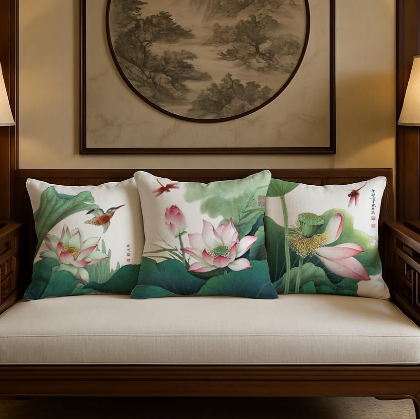 Miniatura 2 de Funda de almohada con estampado digital de loto zen chino, diseño de doble cara para sofá, sala de estar, decoración de dormitorio (20 x 20