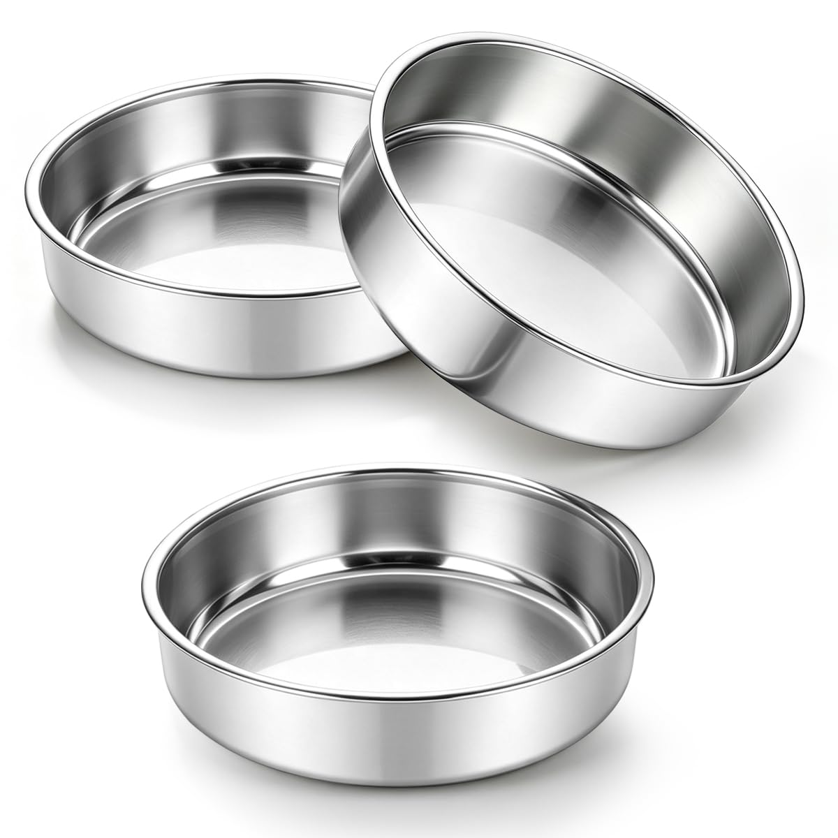 Berglander 8 Inch Cake Pan Set of 3, 20cm Stainless Steel Round Layer Cake Baking Pans Tins, Healthy Metal Bakeware, Leak-Proof, Easy Clean Dishwasher Safe for Cake Quiche Pizza Cobbler Flan