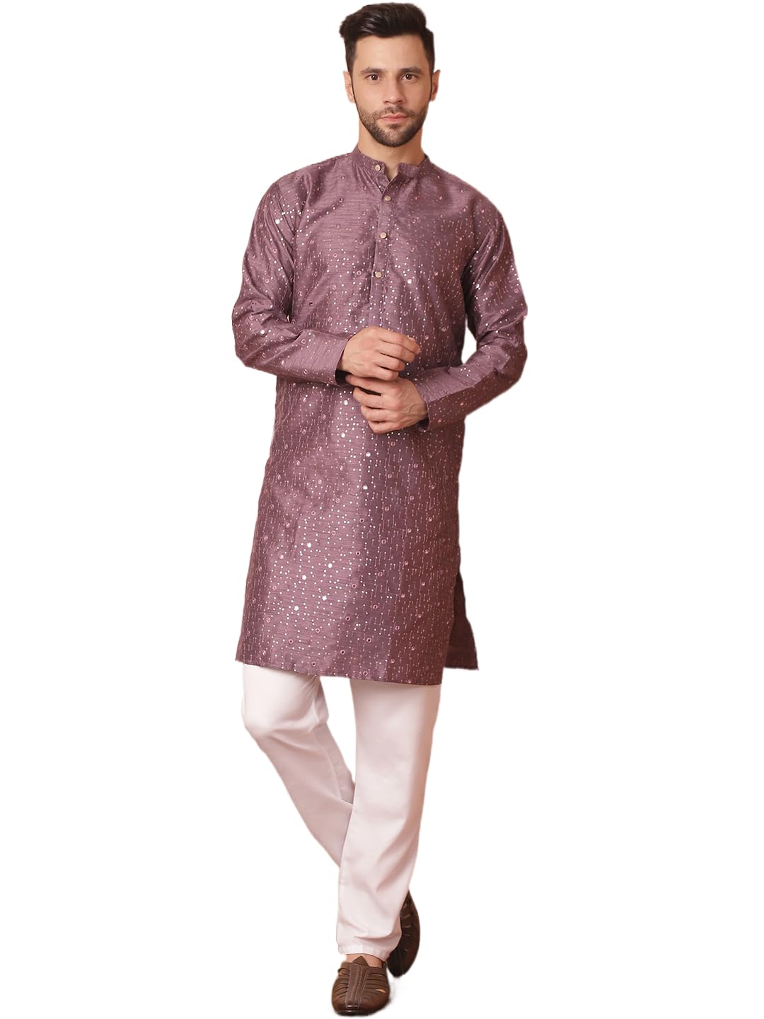 Jompers Men's Purple Embroidered Mirror Work Kurta With Pyjama (Purple, M)