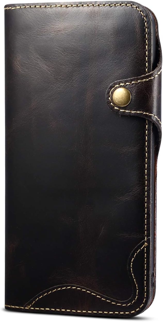 Genuine Leather Wallet Case for iPhone 13,Classic Oil Wax Pattern Real Leather Button Card Slot Flip Stand Case Cover with Lanyard Black