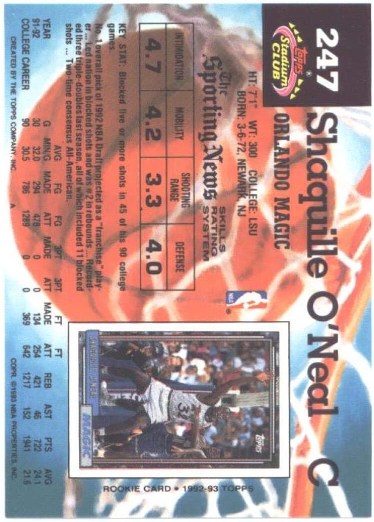 Basketball NBA 1992-93 Topps Stadium Club Members Only #247 Shaquille O'Neal NM RC Rookie Magic