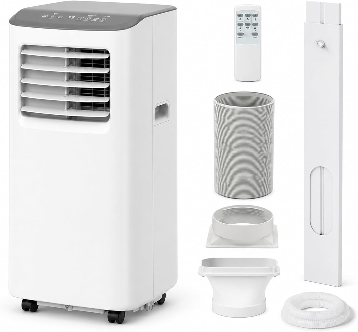 8000 btu portable air conditioners with cooling, dehumidifying, and fan functions, white body with cool grey top cover, perfect for rooms up to 350 sq ft, quiet mode, energy-saving 24-hour timer