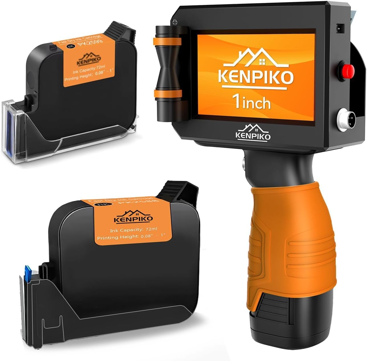 Handheld Inkjet Printer, 2025 Upgrade 1 Inch Print Height Handheld Printer Gun with 2 Pack 72ML Quick-Drying Ink Cartridge Black