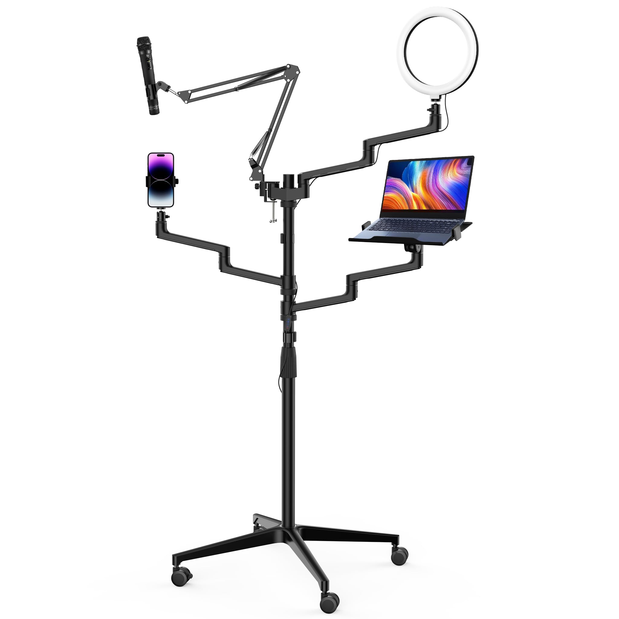 WilTec Soporte de Streaming 4 en 1 99,6x15,2 x143 cm Base con Ruedas 1 Brazo de micrófono 3 Brazos articulados para cámara, Anillo de luz y Monitor/Ordenador Base de Broadcast