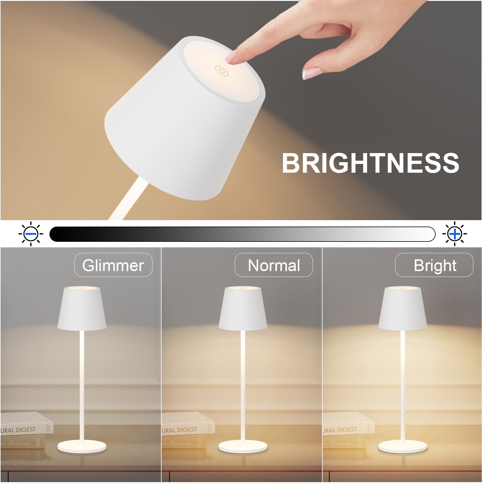 Lampada da tavolo ricaricabile a LED, 2 pezzi, 3000 K, lampada da tavolo dimmerabile, IP54 regolabile in altezza per uso interno ed esterno, bianco