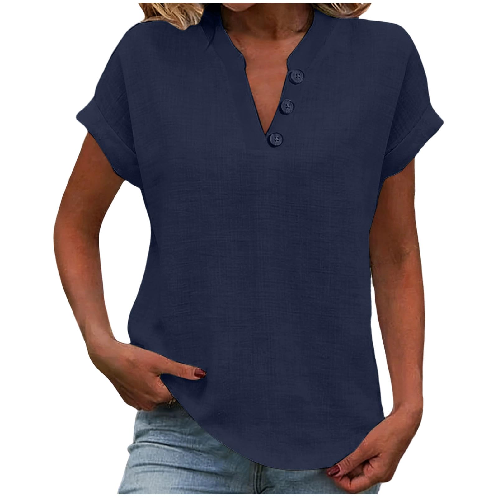 Ladies Tops Cotton Linen Shorts Sleeve T-Shirt Casual Loose Button V Neck Tunic Tops Summer Tops Fashion Tees Solid Plain Baggy Women Shirts Trendy Blouse Lightweight Blouses Holiday Plus Size