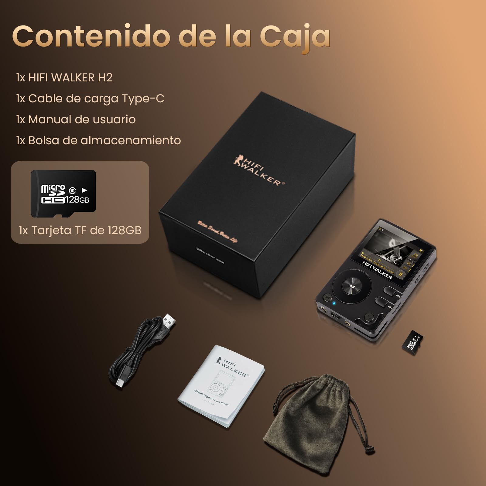 HIFI Walker H2 128 GB MP3-Player Bluetooth 5.2 DSD DAC Hi-Res FLAC Reproductor de música sin pérdidas 128 GB Tarjeta SD 512 GB Ampliable Regulador ALPS Robusta Carcasa de Zinc