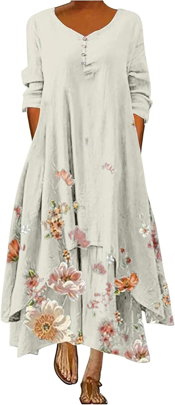 Women Dresses Clearance Ladies Retro Style Printed Long Sleeved Loose Hem Irregular Long Dress UK Size