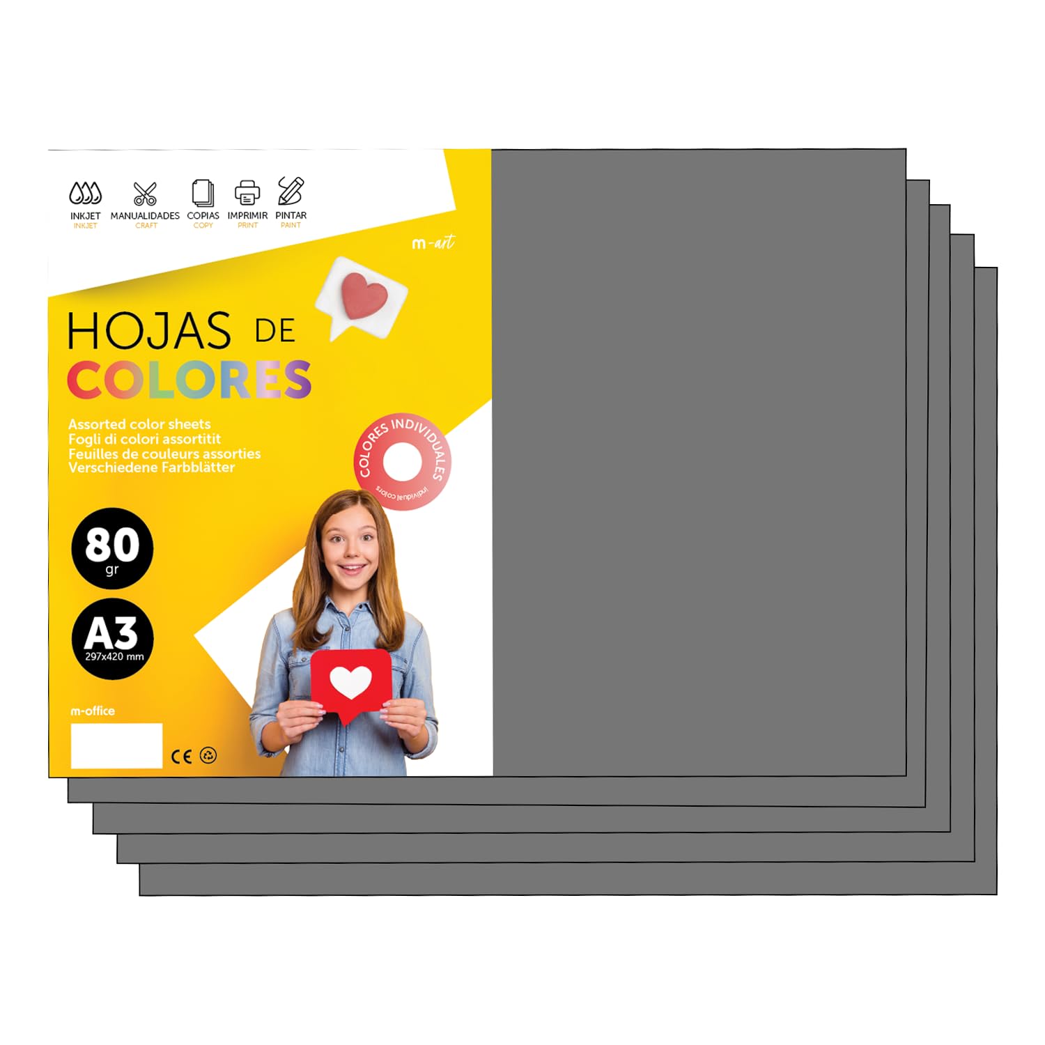 A3 Color Paper - 80g A3 Sheets for Inkjet and Laser Printers, Ream Paper for Crafts, DIY and Decoration m-Office (100 Sheets, Grey) โ image 1