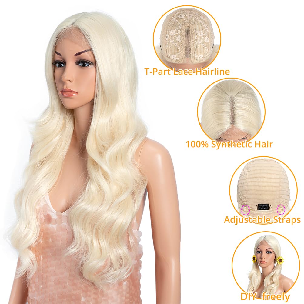 Style Icon Long Body Wavy Wig 26 inch Blonde Long Curly Synthetic Lace Front Wigs for Women T Part Wig Pre Plucked Heat Resistant Fiber (613) - Image 2
