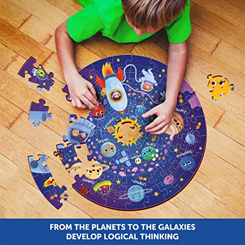 Image of Mini Leaves 60 Piece Wooden Puzzle for Kids & Adults - Round Space Jigsaw - Fun & Challenging Floor Game - Gift With Box - Safe & Durable Educational Toy
