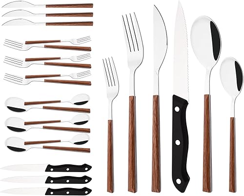 Miniatura 8 de Uniturcky Juego de cubiertos con cuchillos para carne, 48 piezas, juego de cubiertos para 8 cubiertos de acero inoxidable con mango de grano de