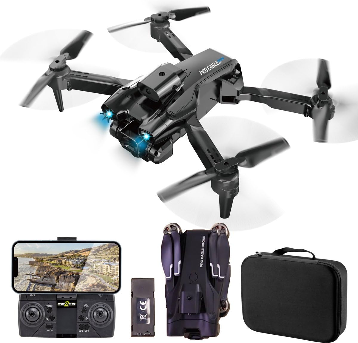 Gear2Play Pro Eagle Drone con WiFi FPV Camera, Dual Camere, 360° Flips, Modalità Headless, Rilevamento Ostacoli, Illuminazione LED, Controller 2.4GHz, Custodia di Stoccaggio
