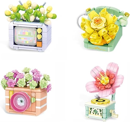 Juego de 4 bloques de construcción de suculentas pequeñas, flores artificiales, macetas, ladrillos, compatible con Lego, regalo para niños de 3 años
