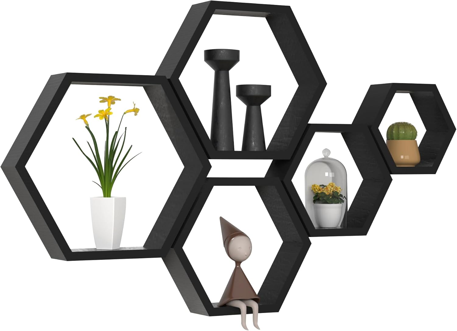 WONFUlity Hexagon Floating Shelves Honeycomb Shelves Wall Mounted Wood Farmhouse Storage Wall Shelf for Bathroom, Kitchen, Bedroom, Living Room,Driftwood Finish Decor, Black