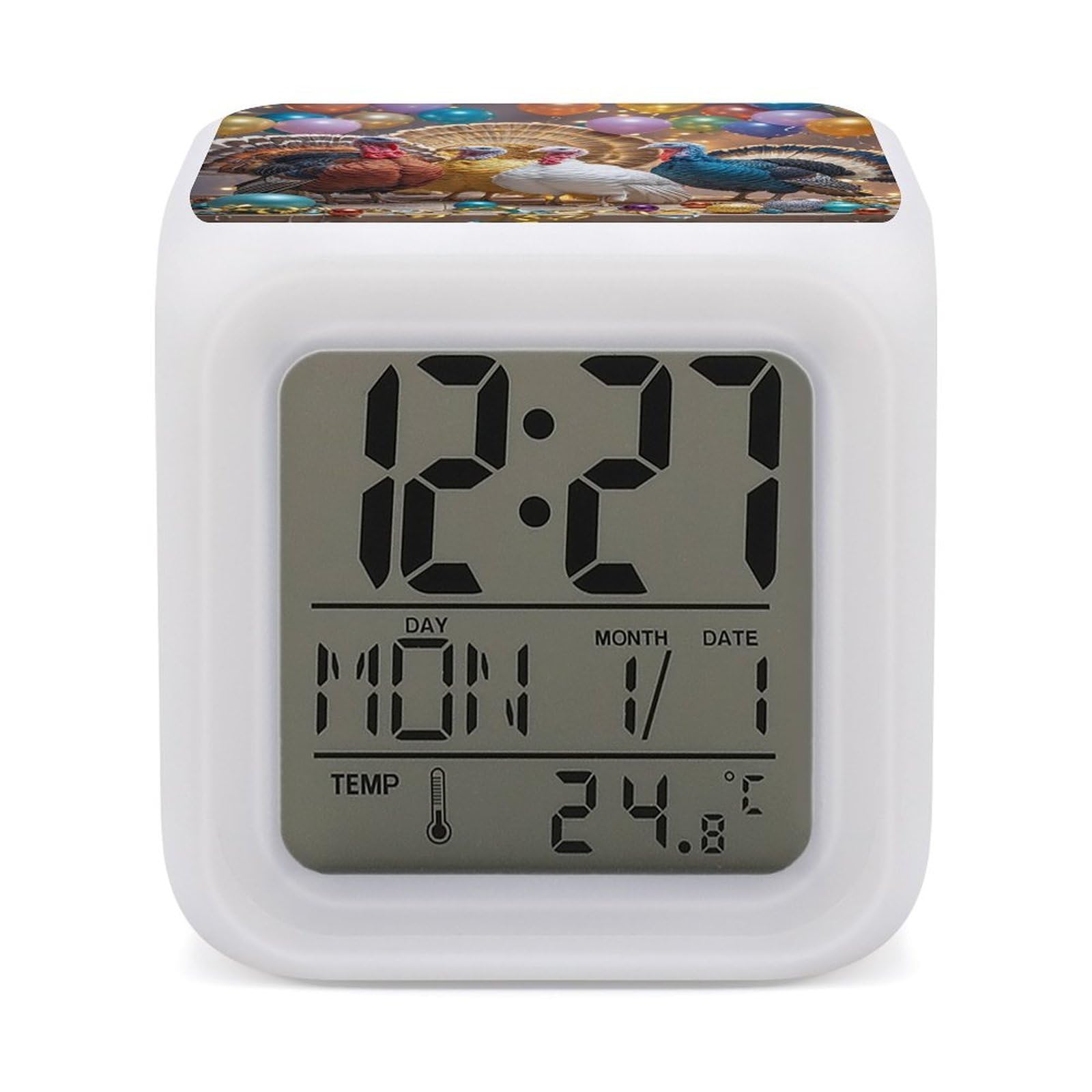 LZQPOEAS Turkey Dance Alarm Clock Desk Clock with 7 Color Changing Night Light Digital Clocks with Temperature Display Sleep Training and Sound Machine for Heavy Sleeper