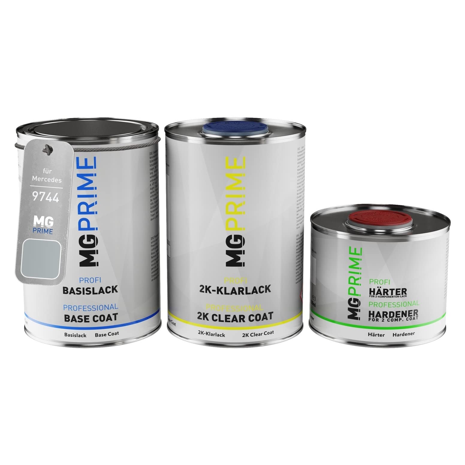 MG PRIME Vernice per auto Kit barattolo per Mercedes 9744/744 Brillantsilber Metallic/Brilliant Silver Metallic Vernice di base 2K vernice trasparente indurente pronto all’uso 2,5L