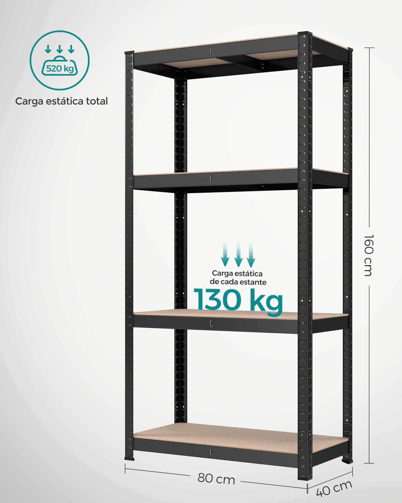 SONGMICS Juego de 2, Estantería Pesada, Estantería de Acero, Montaje Rápido, para Instrumentos, Garaje, Almacén, Trastero, Carga de 520 kg, 40 x 80 x 160 cm, Negro GLR044B02