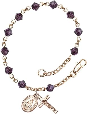 14kt Yellow Gold Filled Rosary Bracelet 5mm February Purple Swarovski Rundell-Shaped Beads Crucifix sz 5/8 x 1/4.