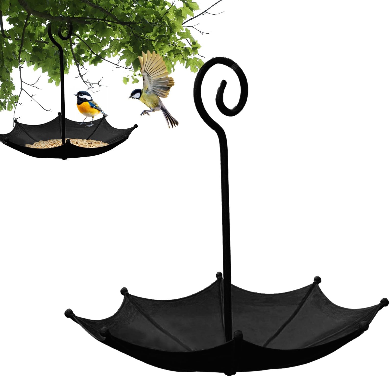Hanging Bird Feeder Tray, Metal Umbrella Feeders Bird Bath for Outdoors, Vintage Garden Decors with Hooks,Outdoor Decoration for Porch Courtyard Lawn (Black)